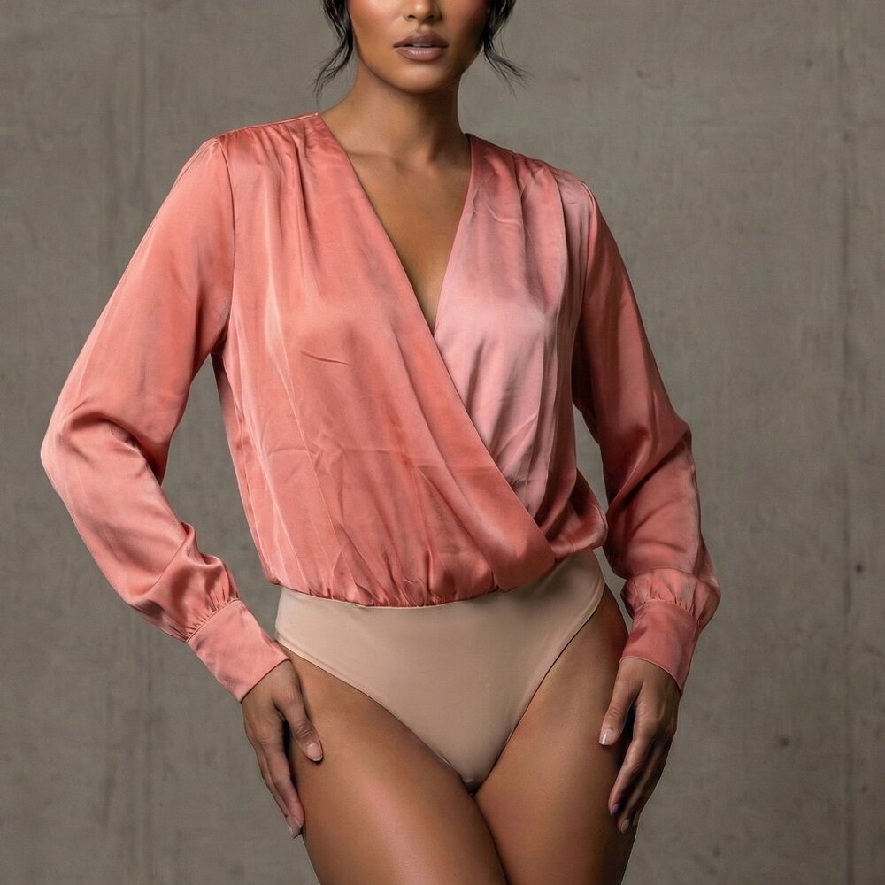 REVOLVE Satin Wrap Bodysuit in Coral Blush